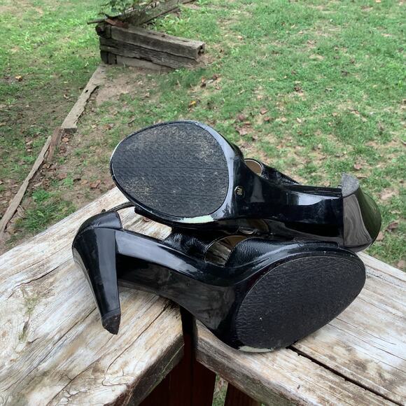 Michael Kors Black Patent Leather Vixen Heels 4" Chunky Zipper Strappy 9M - Picture 6 of 8